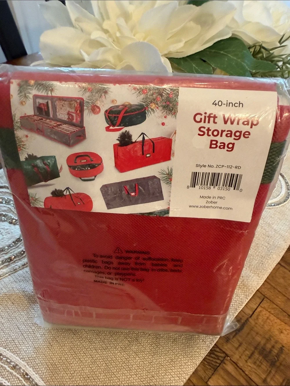 Holiday Red Gift Wrap Storage Bag with Green Handles